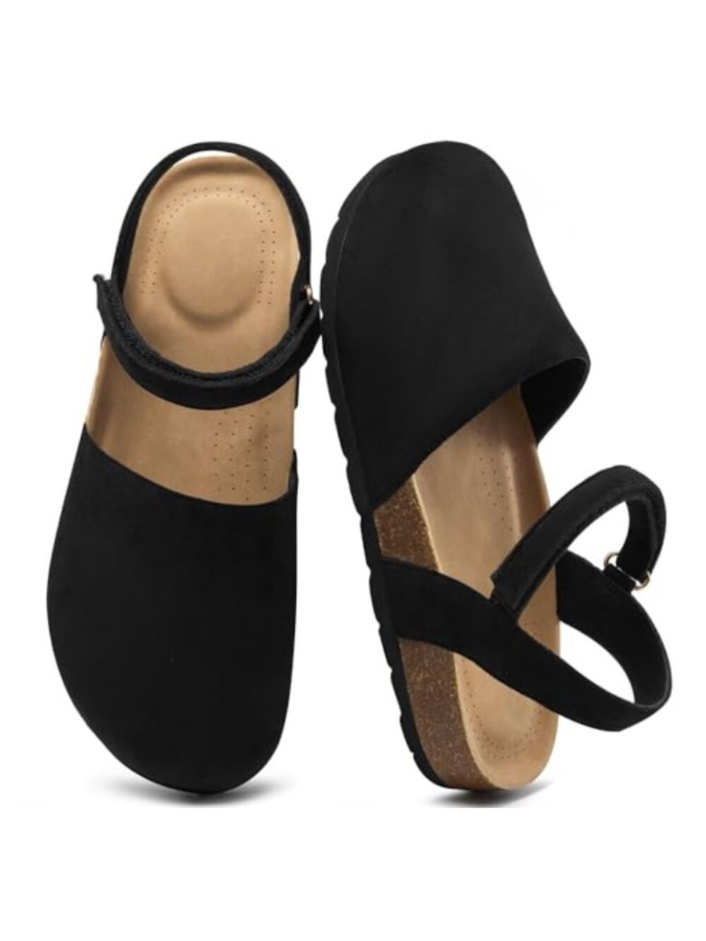 Women's Suede Like Closed Toe Sandals Cork Footbed Adjustable Walking Flats